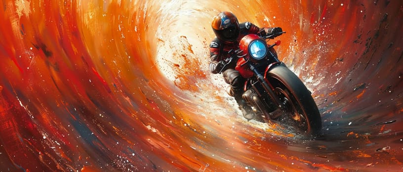 Tunnel speed rider scene painted with a sense of motion and abstract color splashes.