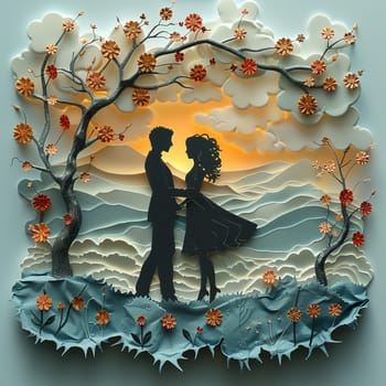 Romantic couple's silhouette in a paper cut-out style, set against a whimsical, pastel-colored landscape.