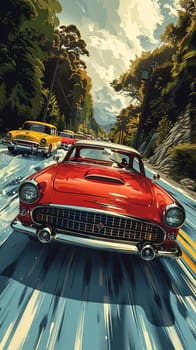 Vintage car rally scene with colorful automobiles, illustrated in a lively, nostalgic comic style.