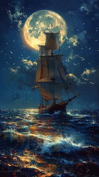 Solo traveler at the helm of a ship, navigating the whispering waves of a moonlit sea.