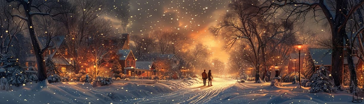 Snowy evening walk rendered in a classic, Norman Rockwell-style with a focus on storytelling and character.