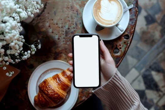 hand woman playing smart phone with Blank advertising mockup screen. a bakery on background. generative AI..