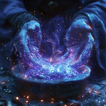 Witch's hands over a bubbling cauldron, illustrated with magical effects and a spooky ambiance.