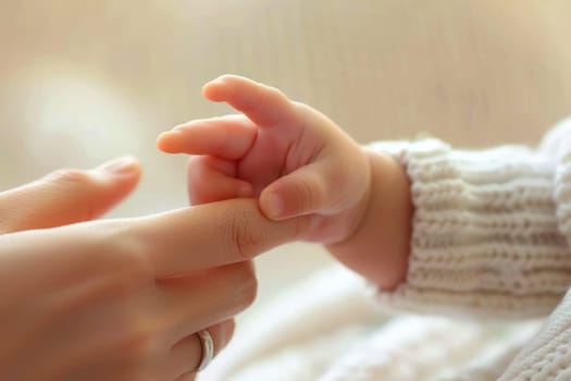 Tender Moment of a Baby Holding Mother's Hand. mother day concepts. Generative ai.