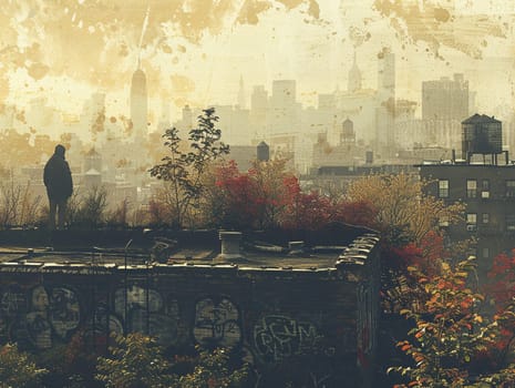 Rooftop memories illustrated with a nostalgic sepia tone, like an old photograph brought to life.