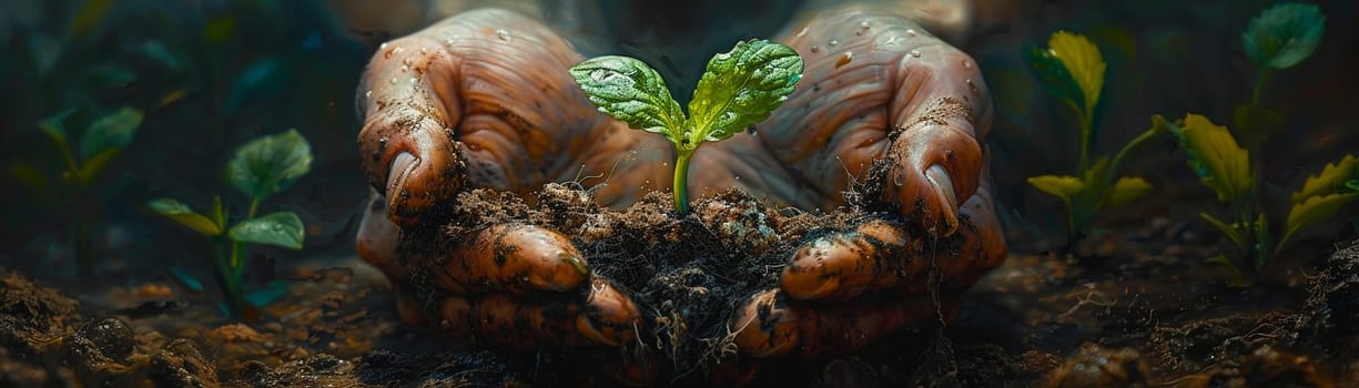 Gardener's hands nurturing a growing seedling, painted with a focus on texture and the green of life.