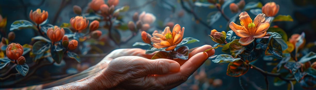 Botanist's hands examining a rare plant species, depicted with vibrant realism and scientific detail.