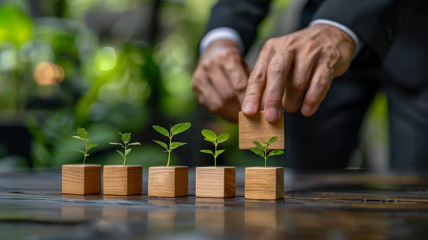 A businessman hold a wooden blocks with a growing plant. finance concepts .ai geneartive.