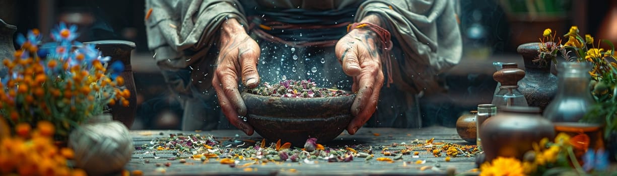 Potion master's hands grinding magical herbs, illustrated with alchemical symbols and ancient charm.