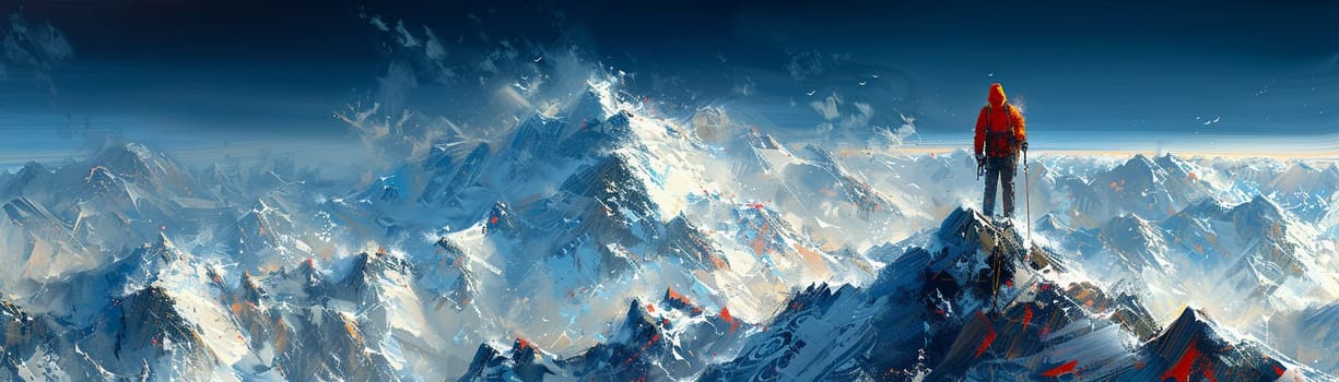 Mountain climber reaching the summit depicted with a rough, textured brushstroke emphasizing the rugged terrain.