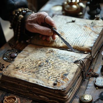 Sage writing in an enchanted grimoire, quill and ink weaving spells of old.