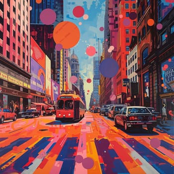 Urban center life captured in a pop art style, with bold colors and repetitive patterns.