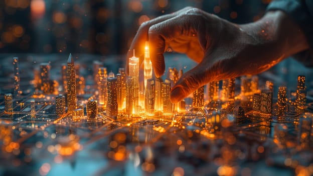 Architect's hands over a holographic city model, illustrated with a blend of realism and digital artistry.