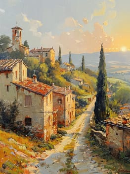 Golden hour's soft light against old-world architecture, painted with a gentle realism and attention to detail.