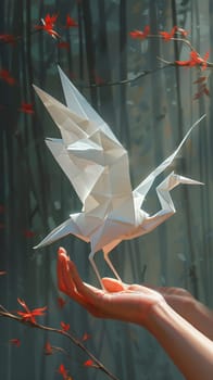 Hands shaping a delicate origami crane, illustrated in a minimalist style with clean lines and soft shadows.