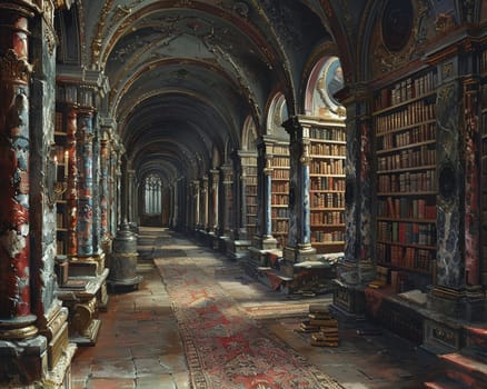 Ancient library scene rendered in a Renaissance painting style, with a focus on depth and perspective.