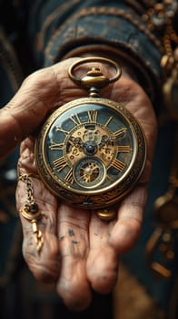 Time traveler's hands setting a vintage pocket watch, rendered with a steampunk aesthetic and Victorian flair.