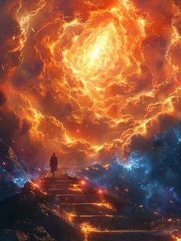 Champion ascending the steps to a celestial arena, their resolve a flame in the ascent.