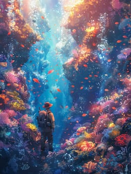 Underwater explorer in a vibrant coral reef, illustrated with luminescent colors and a touch of anime flair.