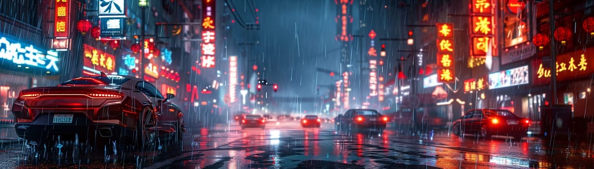 Dystopian cityscape with neon signs and rain-slick streets, illustrated in a cyberpunk anime style.