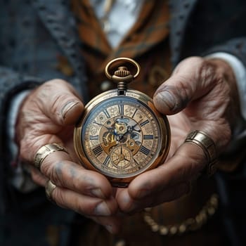 Time traveler's hands setting a vintage pocket watch, rendered with a steampunk aesthetic and Victorian flair.