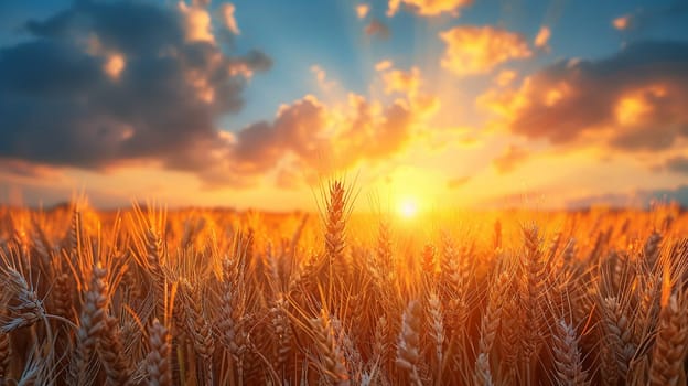 Golden wheat field at sunset, representing harvest and abundance.