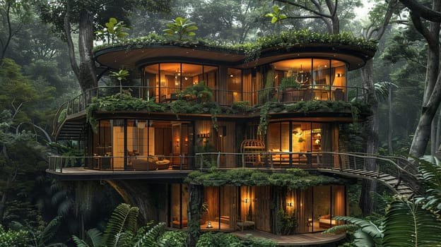 Elevated Treehouse with Stunning Tropical Rainforest View, tropical treehouse for an exotic escape.