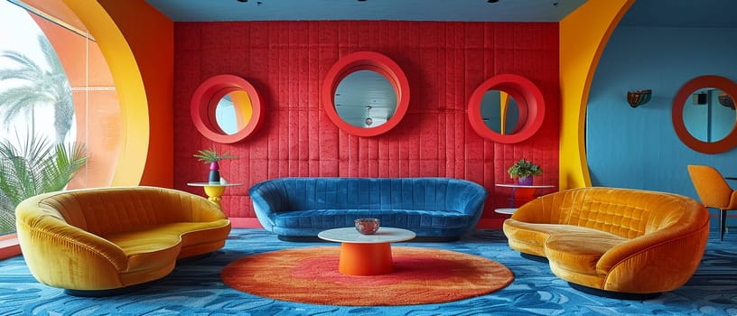 Mid-century cocktail lounge with atomic-era shapes and vibrant colors.