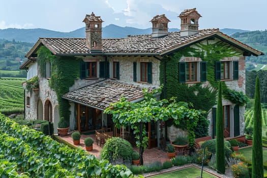 Stone Villa Amidst Rolling Hills with Vineyards, Italian countryside splendor.