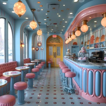 Whimsical ice cream parlor with pastel colors and vintage decor