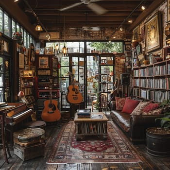 Eclectic music lounge with instruments for jam sessions, vinyl records, and bohemian decor.