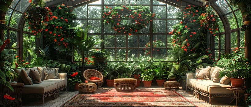 Elegant conservatory with wrought iron furniture and climbing vines.