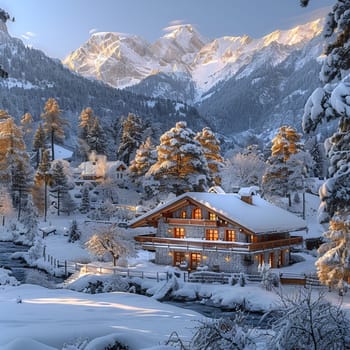 Traditional Swiss Chalet Amidst Snowy Alps, offering cozy retreat, Alpine chalet charm in winter wonderland.