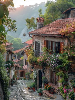 Quaint Village Street with Cobblestones and Flowering Balconies, picturesque village charm in a timeless setting.
