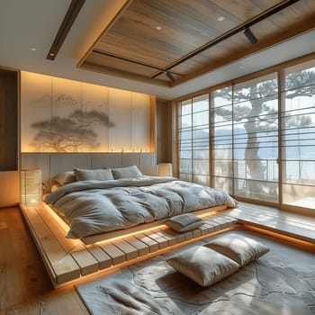 Minimalist Japanese-inspired bedroom with sliding shoji screens.