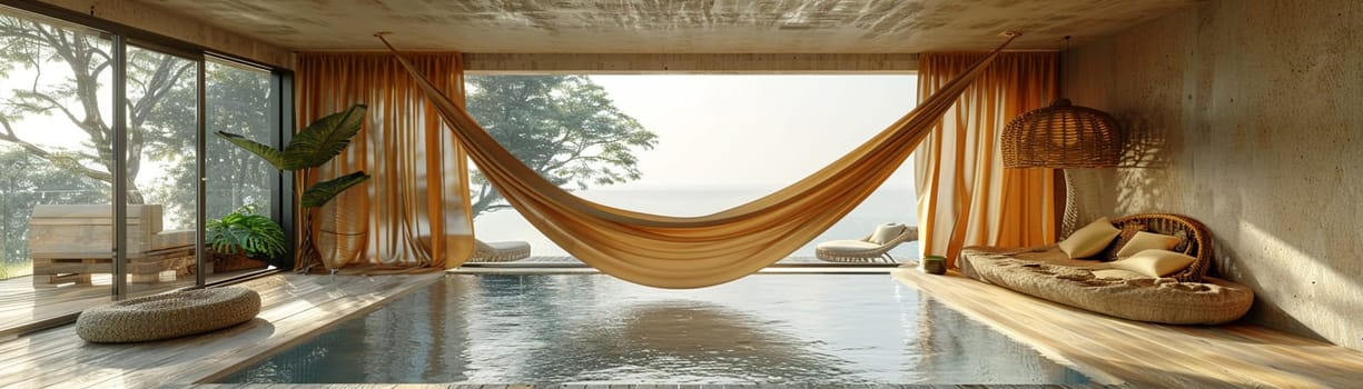 Peaceful seaside retreat with breezy curtains and a hammock.