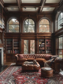 Old-world study with rich wood paneling and a hidden bookcase door.