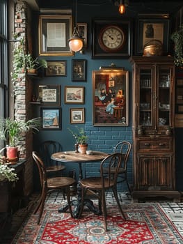 Eclectic bistro with mismatched furniture and a collection of art.