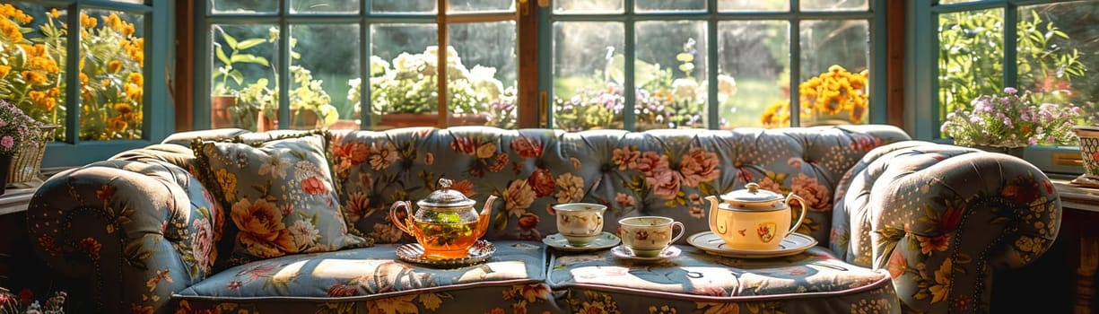 English garden room with floral upholstery and a tea service.