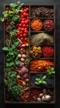 Variety of colorful spices and herbs arranged in gradient, showcasing organic ingredients.