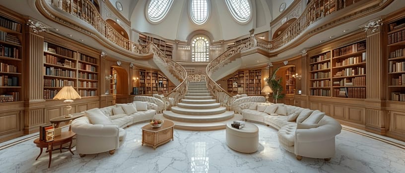 Grand library with a spiral staircase and domed ceiling.