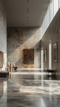 Minimalist gallery space with abstract art and polished concrete floors.