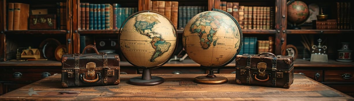 Vintage travel-themed home office with globes, maps, and antique luggage decor.