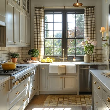 Southern-style kitchen with a farmhouse sink and checkered curtains.