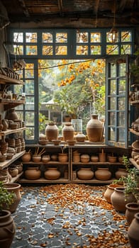 Rustic pottery studio with clay tools and a kiln.