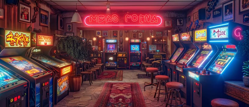 Retro game room with vintage arcade machines and a neon sign.