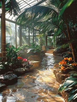 Tropical conservatory with exotic plants and a glass roof.