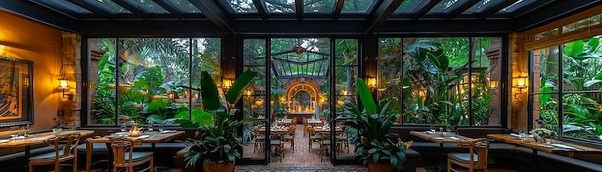 Secret garden indoor dining area with lush foliage, twinkling lights, and a glass ceiling.