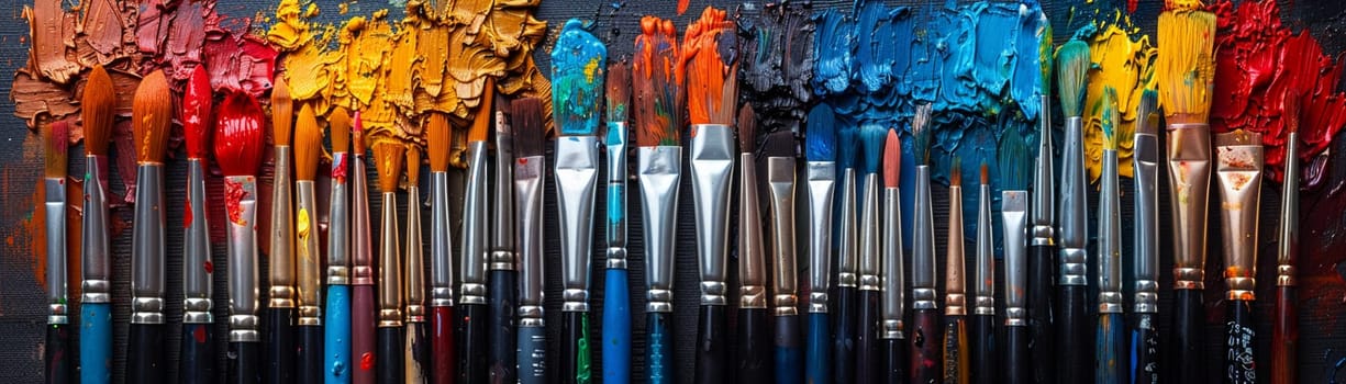 Artistic arrangement of paintbrushes and palettes, symbolizing art and creativity.