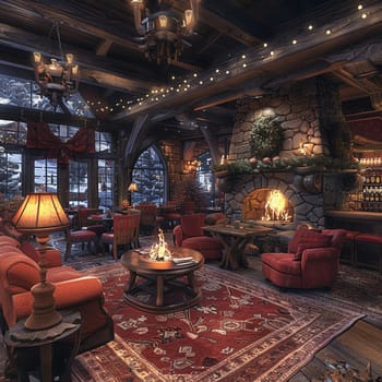 Cozy ski lodge cafe with warm fireplaces, wooden beams, and hot cocoa bar.